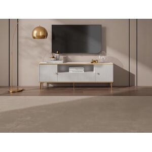 Mueble TV con 2 puertas, 1 cajón y 1 estante de MDF y acero - Blanco y dorado - SINEAD de Pascal MORABITO