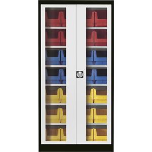 mauser Armario de puertas batientes con ventanilla, con 28 cajas visualizables, negro grafito / gris luminoso