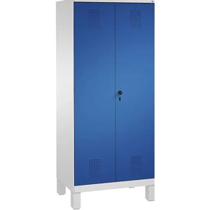 C+P Armario para utensilios de limpieza y aparatos EVOLO, pared separadora más corta, 6 ganchos, 2 compartimentos de 400 mm, con patas, gris luminoso / azul genciana