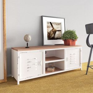 vidaXL Mueble De Tv Hierro Y Madera Maciza De Abeto Blanco 110x30x40cm