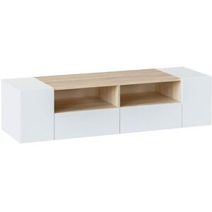 HOMN Mueble tv 4 puertas color blanco y roble, 138 x 42 x 36 cm