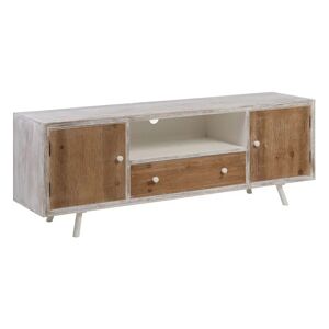 LOLAhome Mueble TV tallado de madera de abeto blanco y natural de 150x35x53 cm