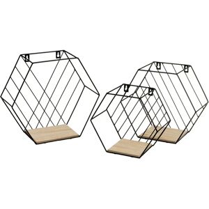 LOLAhome Set de 3 estantes hexagonales de metal y madera negros