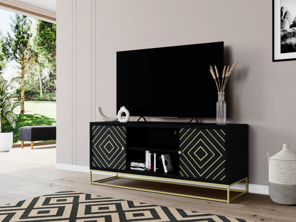 Unique Mueble TV PRISMIN - 2 puertas y 2 estantes - Madera de mango y metal - Negro