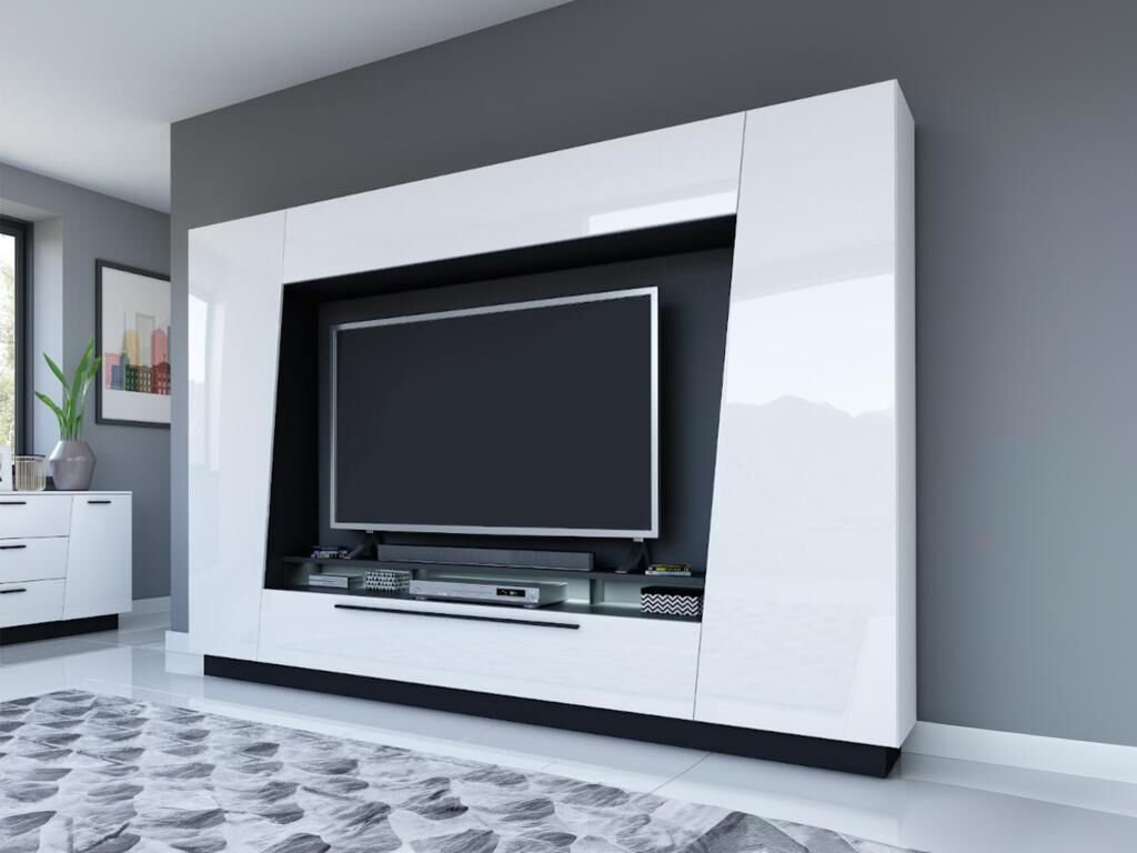 Unique Mueble TV CHACE con compartimentos - LEDs - MDF lacado blanco