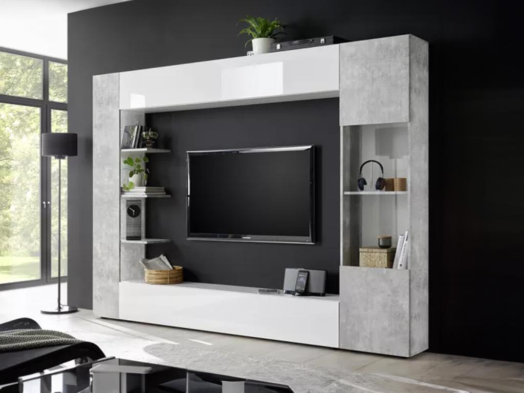Unique Mueble TV SIRIUS con compartimentos - Color: blanco lacado y cemento