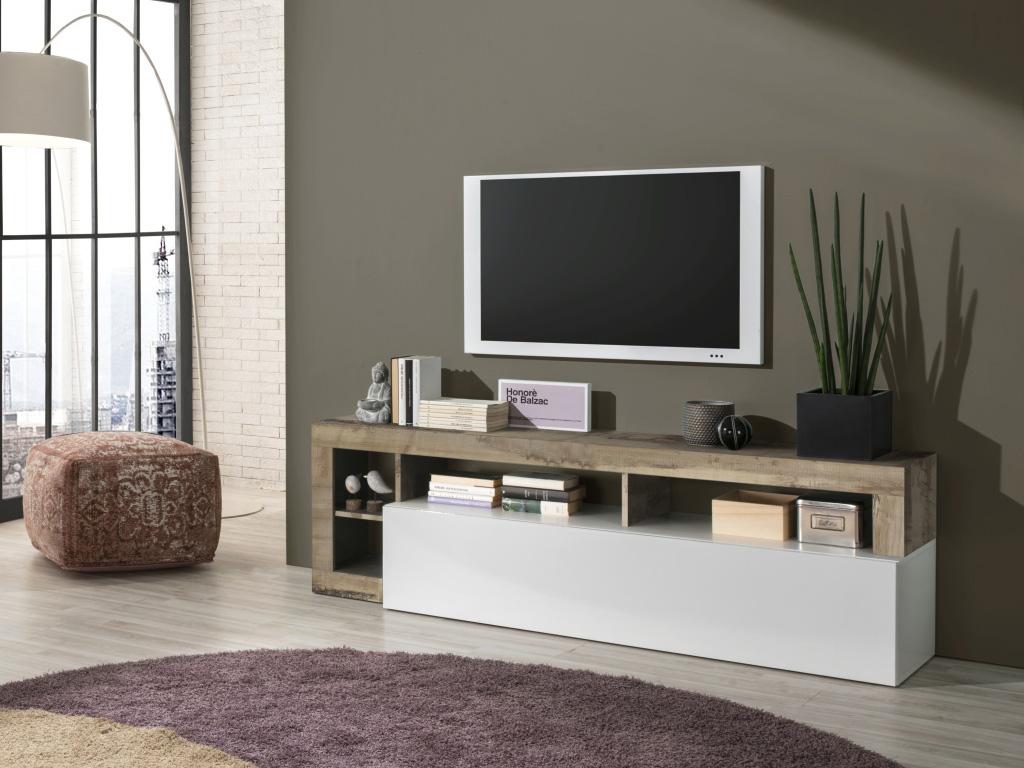 Unique Mueble TV SEFRO - 1 puerta y 4 estantes - Blanco lacado y roble