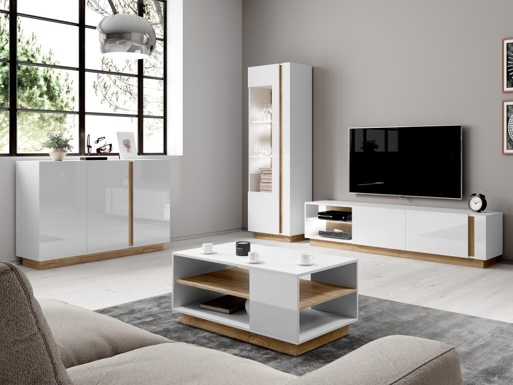 Unique Mueble TV MURARI - 2 puertas y 2 estantes - Con LEDs - Blanco brillante y roble