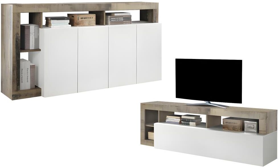 Unique Conjunto Aparador y Mueble TV - Comedor contemporáneo SEFRO - Blanco lacado y roble