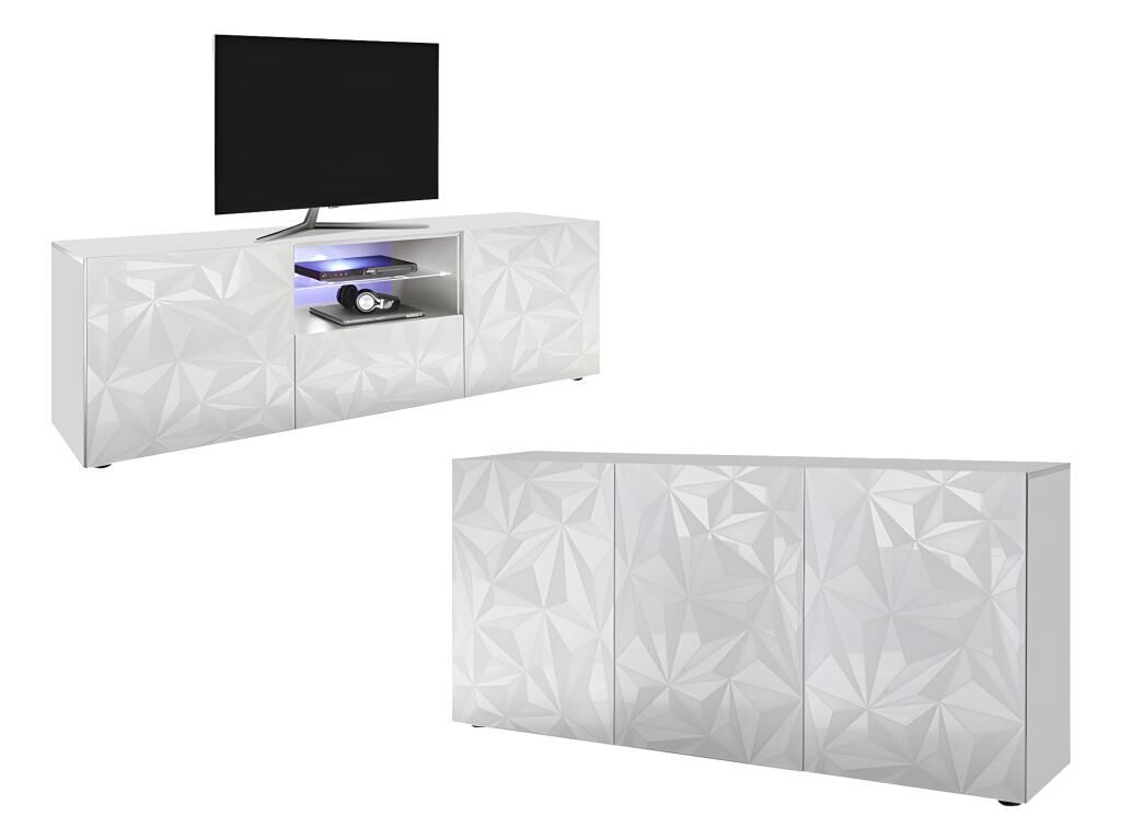 Unique Conjunto Aparador y Mueble TV - Comedor luminoso ERIS - Blanco lacado