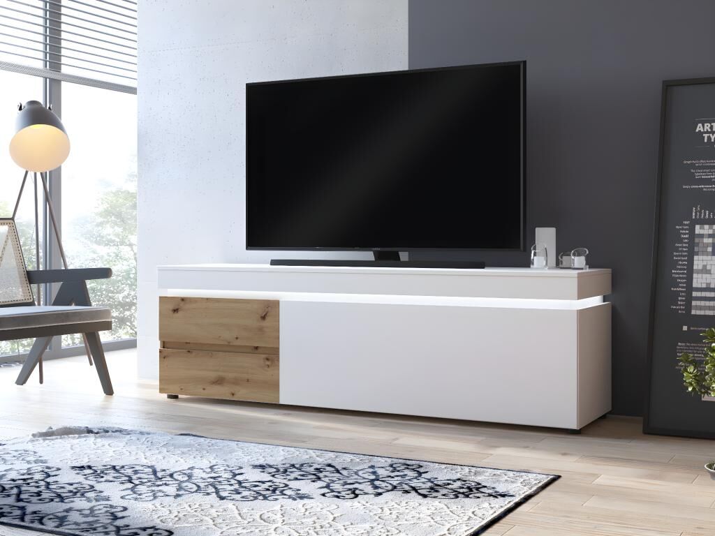 Unique Mueble TV 1 puerta y 2 cajones con LEDs - Natural y blanco lacado - DOLONA