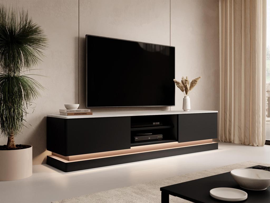 Mueble TV 2 cajones y 2 estantes con LEDs de MDF - Negro y efecto mármol blanco - DEVIKA de Pascal MORABITO