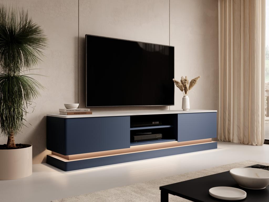 Mueble TV 2 cajones y 2 estantes con LEDs - MDF - Azul y efecto mármol blanco - DEVIKA de Pascal MORABITO