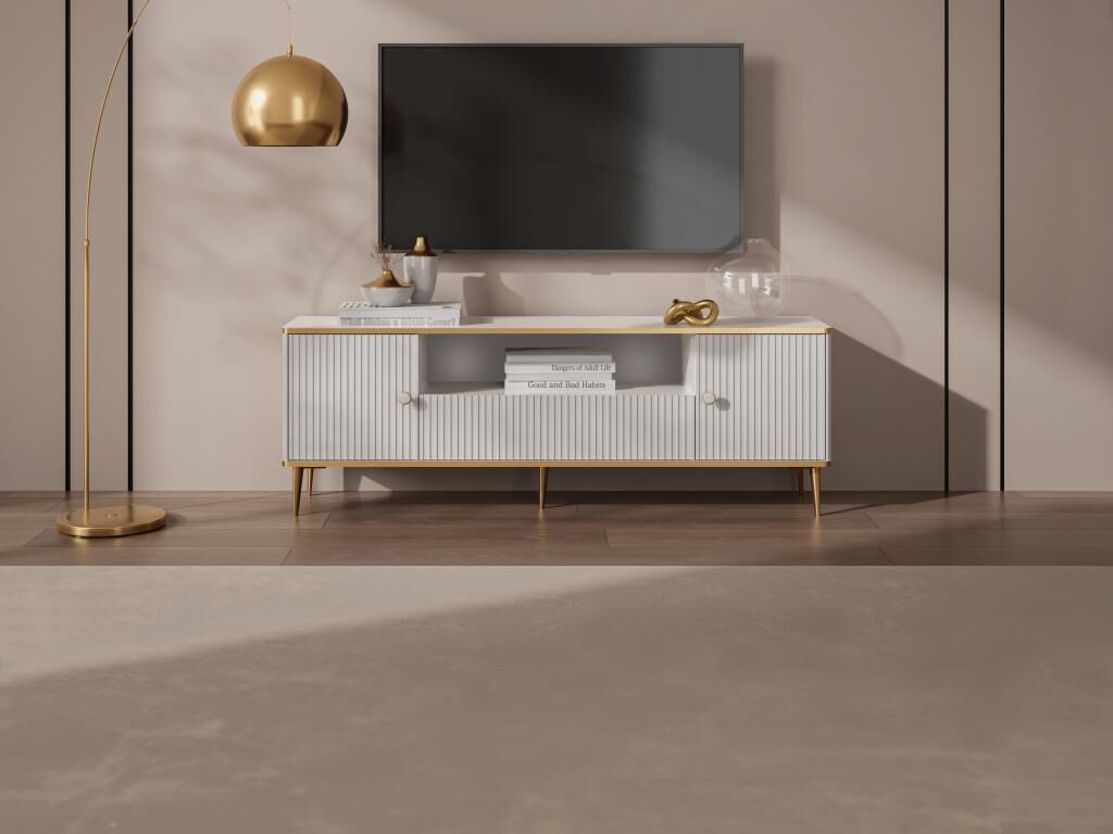 Mueble TV con 2 puertas, 1 cajón y 1 estante de MDF y acero - Blanco y dorado - SINEAD de Pascal MORABITO