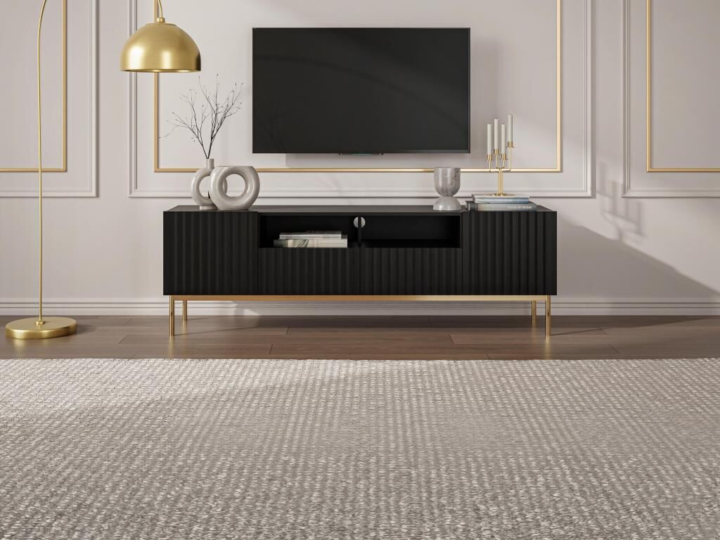 Unique Mueble TV con 2 puertas, 2 cajones y 2 estantes de MDF y acero - Negro y dorado - EVILANA