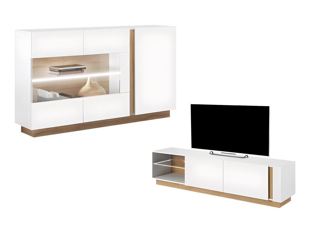 Unique Conjunto aparador y mueble TV blanco brillante y natural - Comedor luminoso MURARI