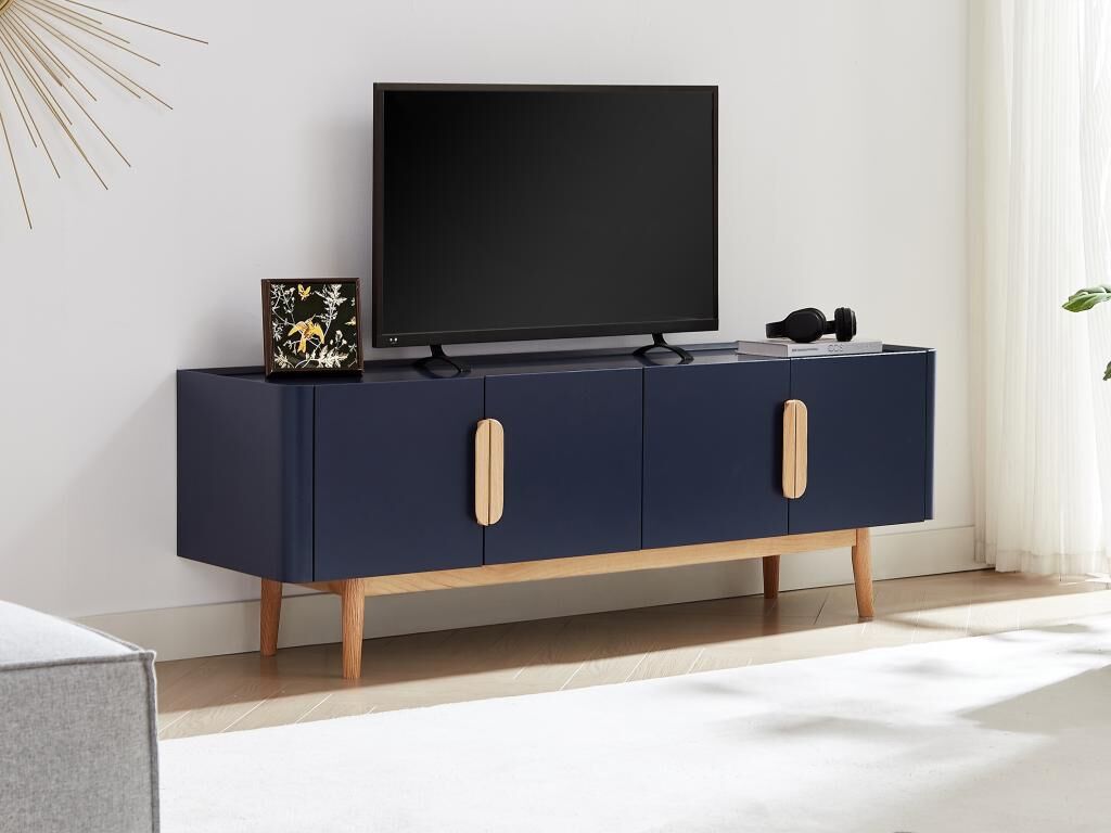 Unique Mueble de TV con 4 puertas de MDF y madera de hevea - Azul y Natural claro - DUNELON