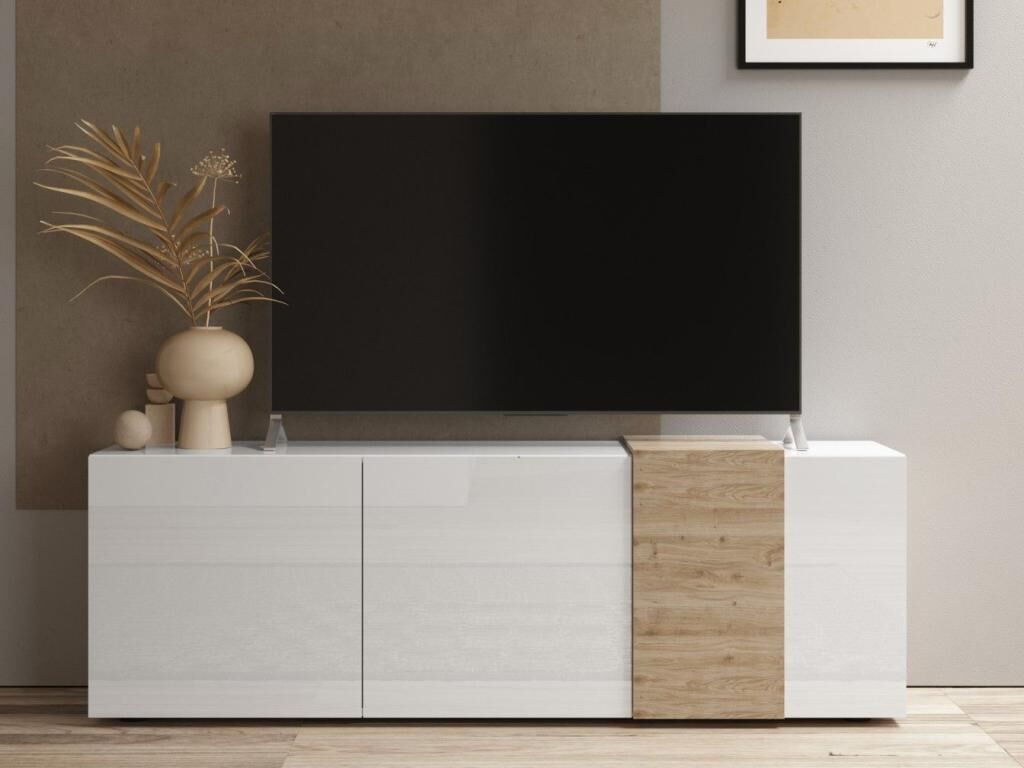 Unique Mueble de TV con 3 puertas - Blanco y natural claro - CAYNO