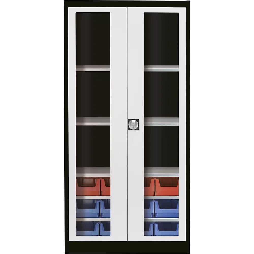 mauser Armario de puertas batientes con ventanilla, con 12 cajas visualizables, negro grafito / gris luminoso