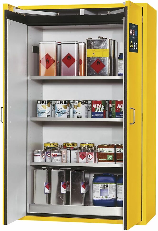 asecos Armario resistente al fuego de tipo 90 para sustancias peligrosas, de 2 puertas, H x A x P exteriores 1968 x 1200 x 615 mm, amarillo, acero inoxidable