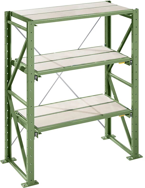 LISTA Estantería con bandejas extraíbles para cargas pesadas, anchura de bandeja extraíble 1290 mm, profundidad 860 mm, estantería básica, verde reseda