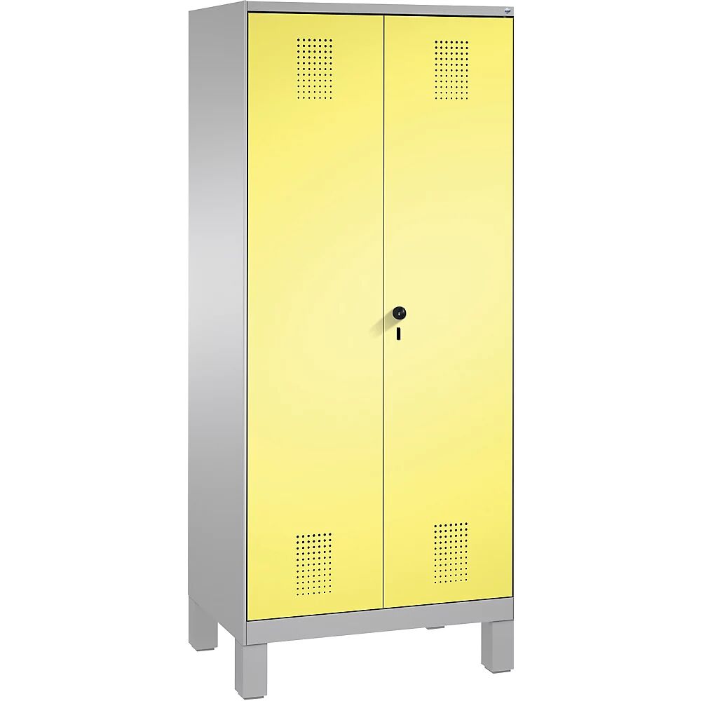 C+P Armario guardarropa EVOLO, puertas batientes que cierran al ras entre sí, 2 compartimentos, anchura de compartimento 400 mm, con patas, aluminio blanco / amarillo azufre
