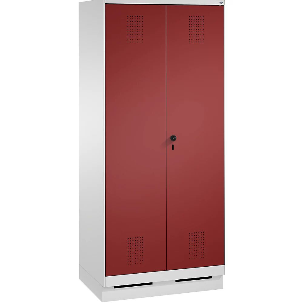 C+P Armario guardarropa EVOLO, puertas batientes que cierran al ras entre sí, 2 compartimentos, anchura de compartimento 400 mm, con zócalo, gris luminoso / rojo rubí