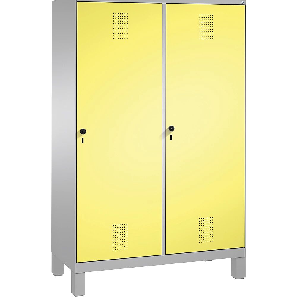 C+P Armario guardarropa EVOLO, puerta sobre 2 compartimentos, con patas, 4 compartimentos, 2 puertas, anchura de compartimento 300 mm, aluminio blanco / amarillo azufre