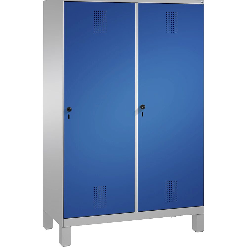 C+P Armario guardarropa EVOLO, puerta sobre 2 compartimentos, con patas, 4 compartimentos, 2 puertas, anchura de compartimento 300 mm, aluminio blanco / azul genciana