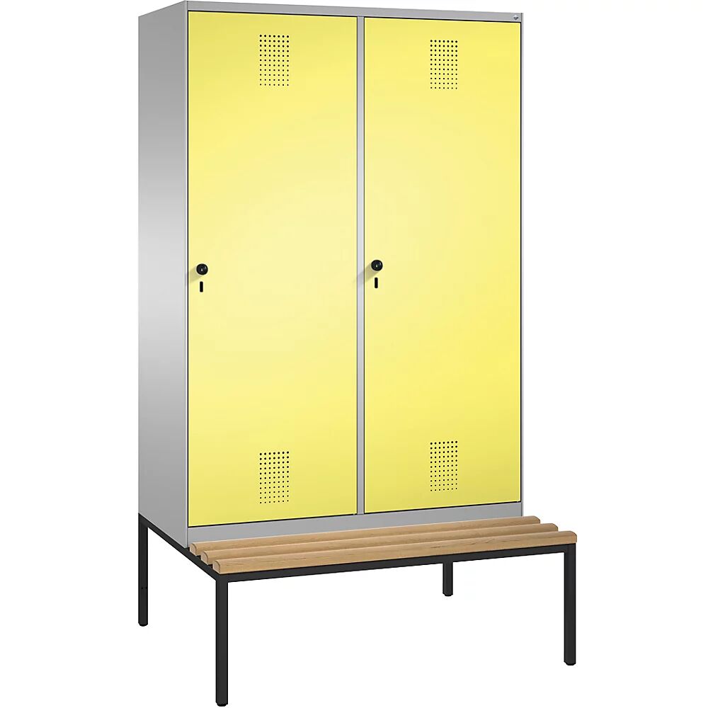 C+P Armario guardarropa EVOLO, con banco, puerta sobre 2 compartimentos, 4 compartimentos, 2 puertas, anchura de compartimento 300 mm, aluminio blanco / amarillo azufre