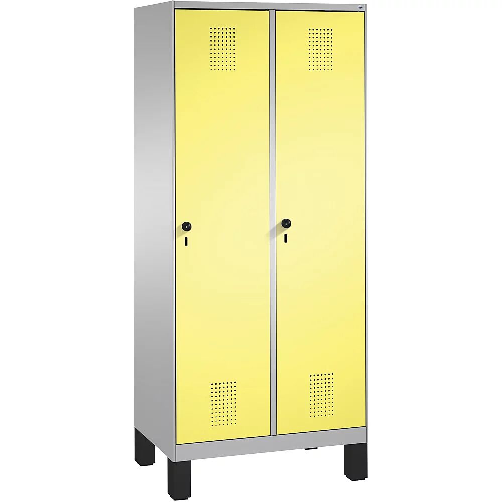 C+P Armario de almacenamiento EVOLO, con patas, 2 compartimentos, anchura de compartimento 400 mm, con 8 baldas, aluminio blanco / amarillo azufre