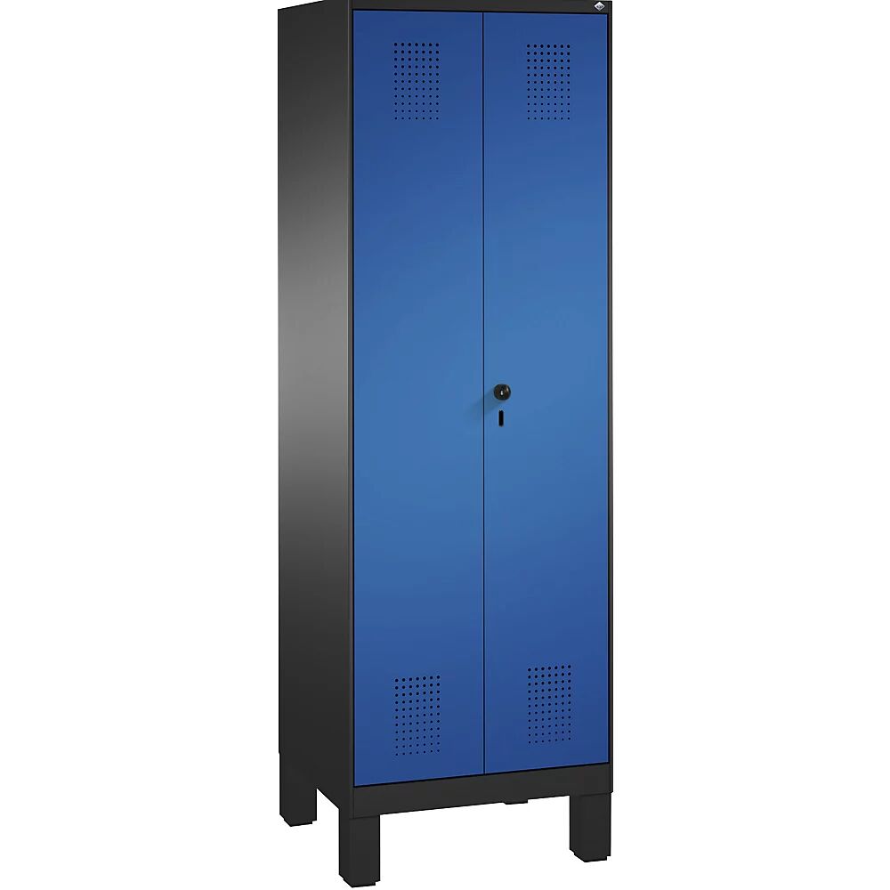 C+P Armario de almacenamiento EVOLO, puertas batientes que cierran al ras entre sí, con patas, 2 compartimentos, 8 baldas, anchura de compartimento 300 mm, gris negruzco / azul genciana