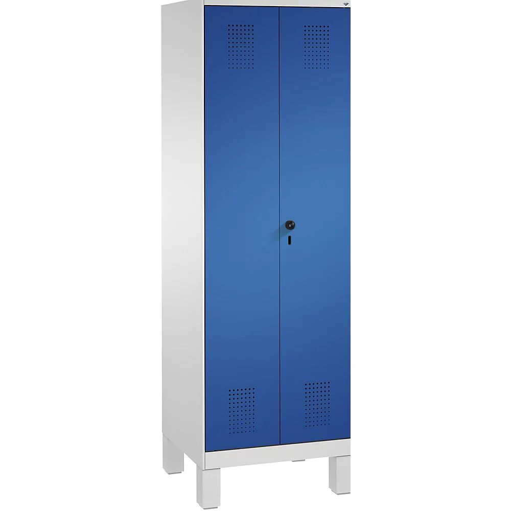 C+P Armario de almacenamiento EVOLO, puertas batientes que cierran al ras entre sí, con patas, 2 compartimentos, 8 baldas, anchura de compartimento 300 mm, gris luminoso / azul genciana