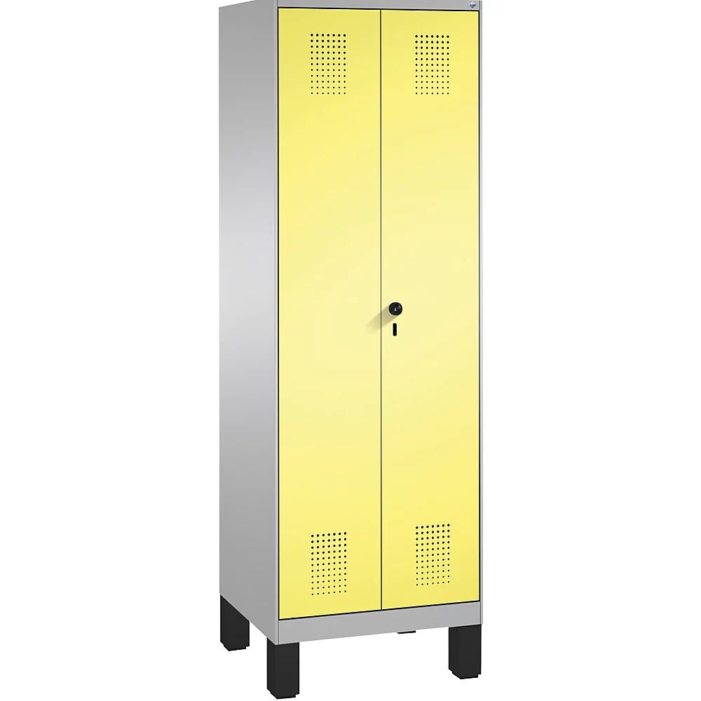 C+P Armario de almacenamiento EVOLO, puertas batientes que cierran al ras entre sí, con patas, 2 compartimentos, 8 baldas, anchura de compartimento 300 mm, aluminio blanco / amarillo azufre