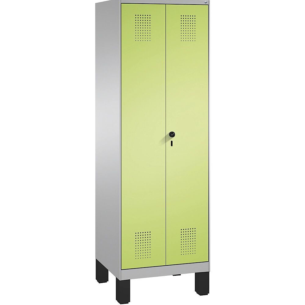 C+P Armario de almacenamiento EVOLO, puertas batientes que cierran al ras entre sí, con patas, 2 compartimentos, 8 baldas, anchura de compartimento 300 mm, aluminio blanco / verde pistacho