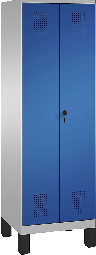 C+P Armario de almacenamiento EVOLO, puertas batientes que cierran al ras entre sí, con patas, 1 compartimento, anchura 600 mm, con 4 baldas, aluminio blanco / azul genciana