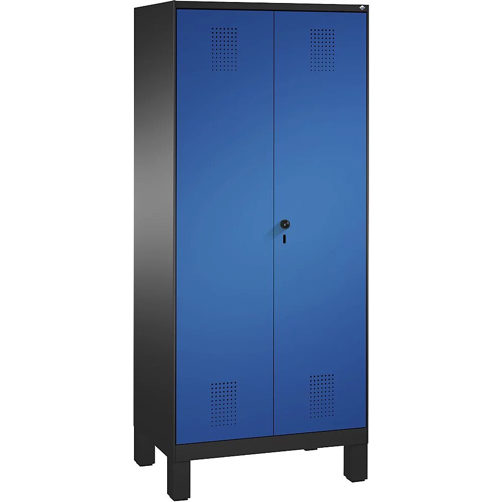 C+P Armario de almacenamiento EVOLO, puertas batientes que cierran al ras entre sí, con patas, 2 compartimentos, 8 baldas, anchura de compartimento 400 mm, gris negruzco / azul genciana