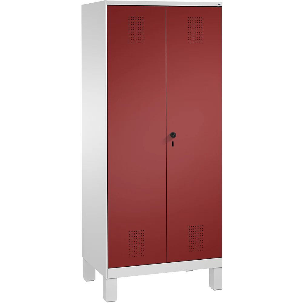 C+P Armario de almacenamiento EVOLO, puertas batientes que cierran al ras entre sí, con patas, 2 compartimentos, 8 baldas, anchura de compartimento 400 mm, gris luminoso / rojo rubí