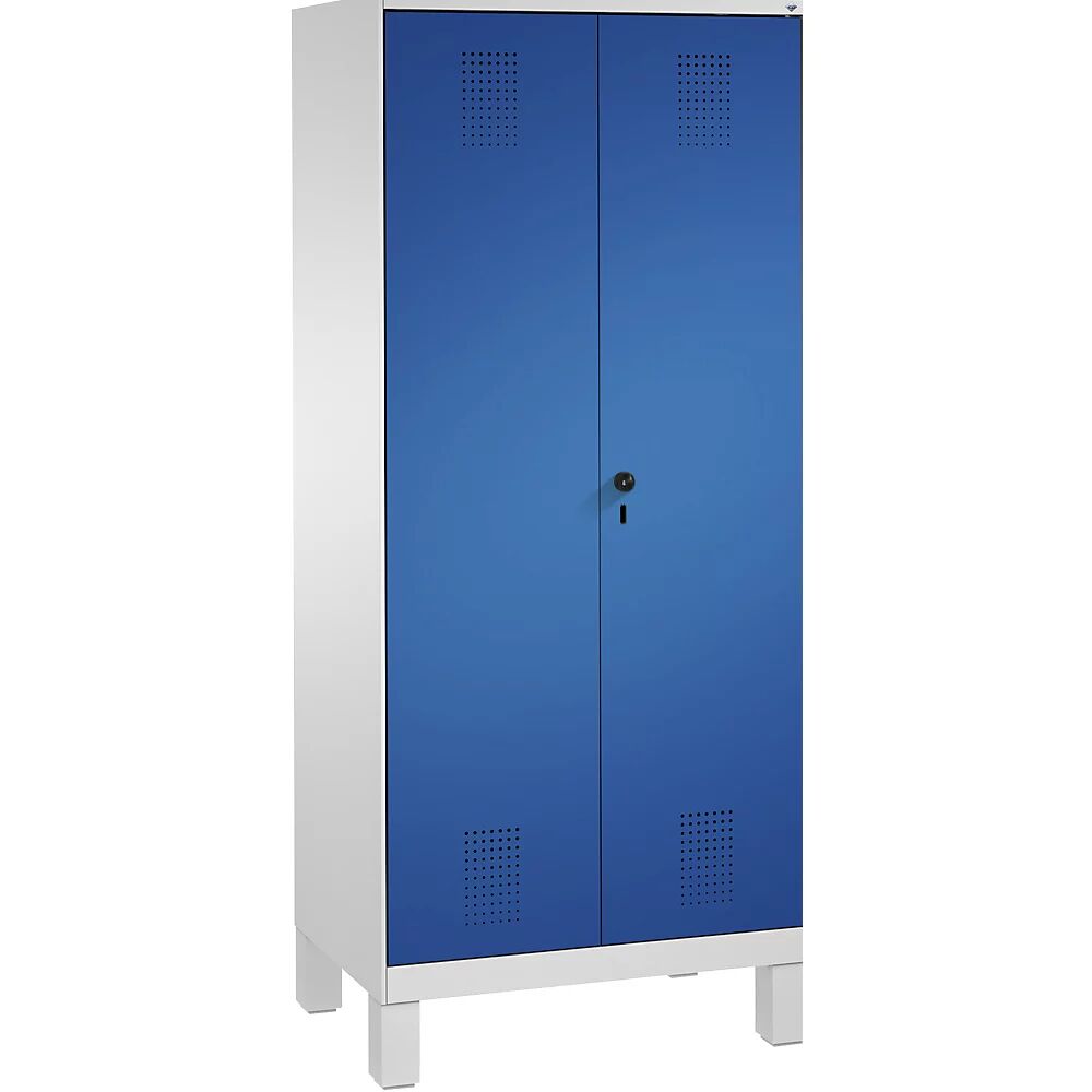 C+P Armario de almacenamiento EVOLO, puertas batientes que cierran al ras entre sí, con patas, 2 compartimentos, 8 baldas, anchura de compartimento 400 mm, gris luminoso / azul genciana