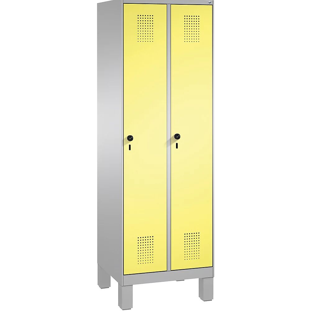 C+P Armario de almacenamiento EVOLO, con patas, 2 compartimentos, anchura de compartimento 300 mm, con 8 baldas, aluminio blanco / amarillo azufre