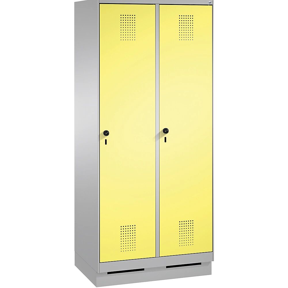 C+P Armario de almacenamiento EVOLO, con zócalo, 2 compartimentos, anchura de compartimento 400 mm, con 8 baldas, aluminio blanco / amarillo azufre