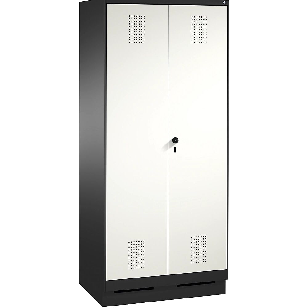C+P Armario de almacenamiento EVOLO, puertas batientes que cierran al ras entre sí, con zócalo, 2 compartimentos, anchura de compartimento 400 mm, con 8 baldas, gris negruzco / blanco tráfico