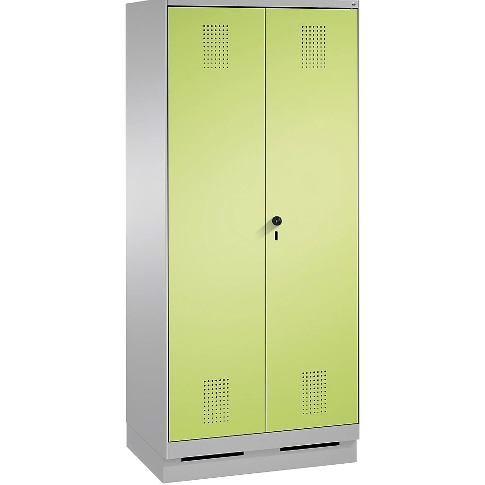 C+P Armario de almacenamiento EVOLO, puertas batientes que cierran al ras entre sí, con zócalo, 2 compartimentos, anchura de compartimento 400 mm, con 8 baldas, aluminio blanco / verde pistacho