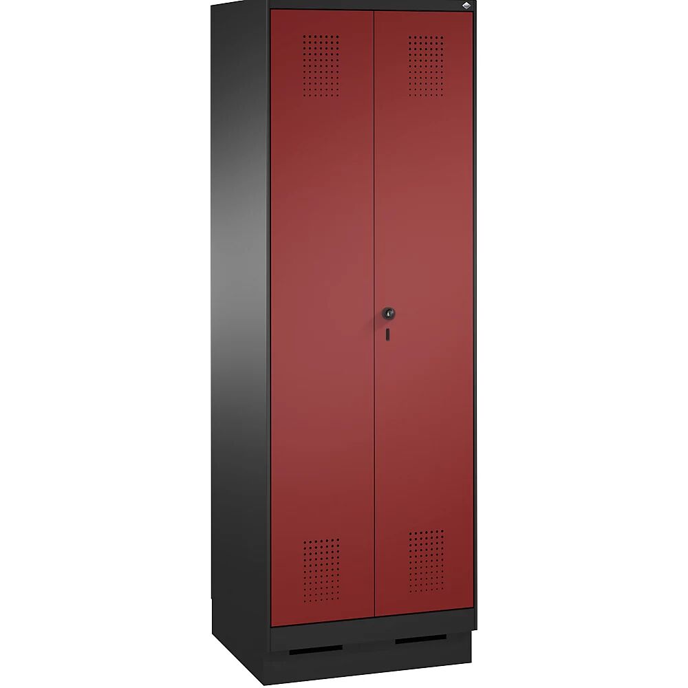 C+P Armario de almacenamiento EVOLO, puertas batientes que cierran al ras entre sí, con zócalo, 1 compartimento, anchura 600 mm, con 4 baldas, gris negruzco / rojo rubí