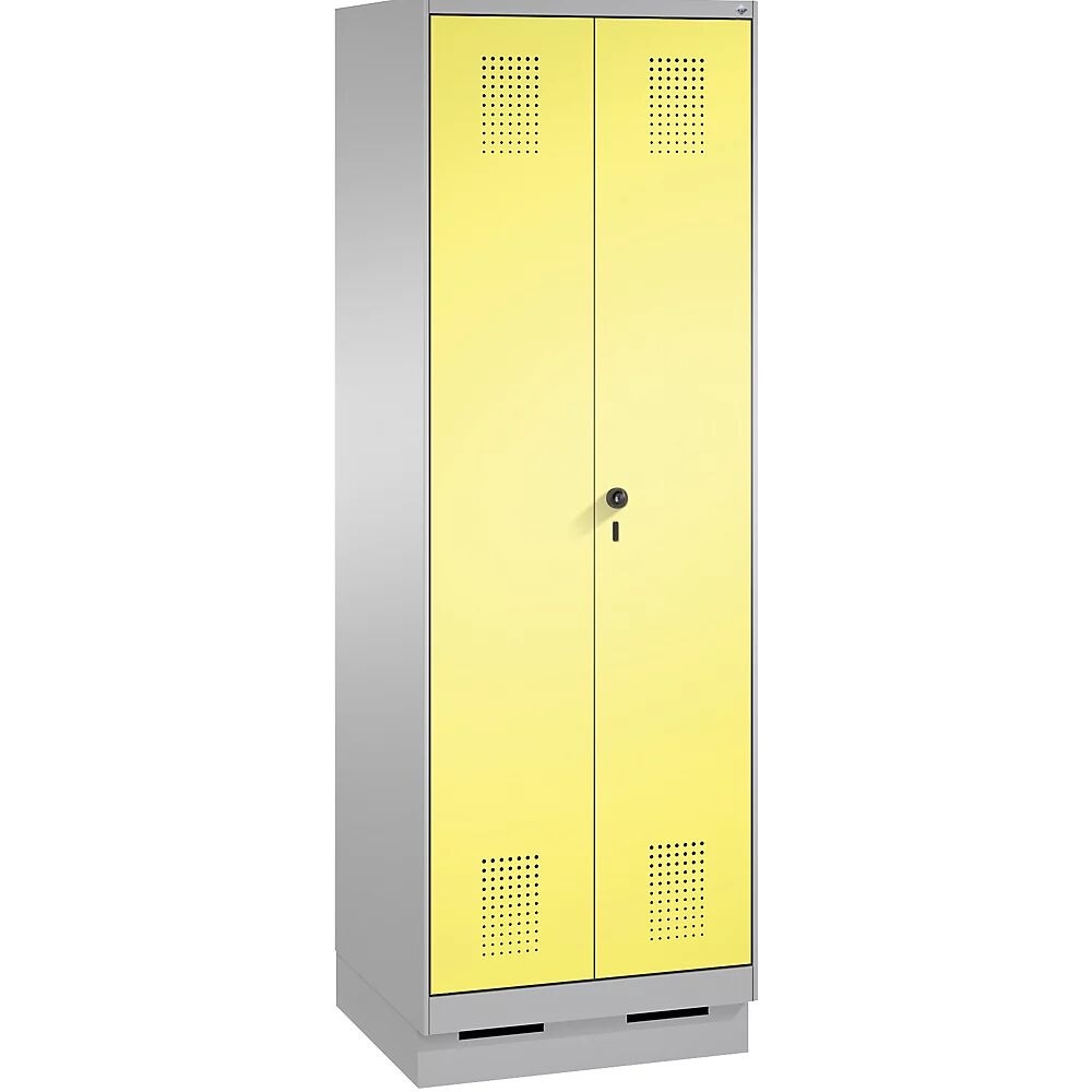 C+P Armario de almacenamiento EVOLO, puertas batientes que cierran al ras entre sí, con zócalo, 2 compartimentos, anchura de compartimento 300 mm, con 8 baldas, aluminio blanco / amarillo azufre