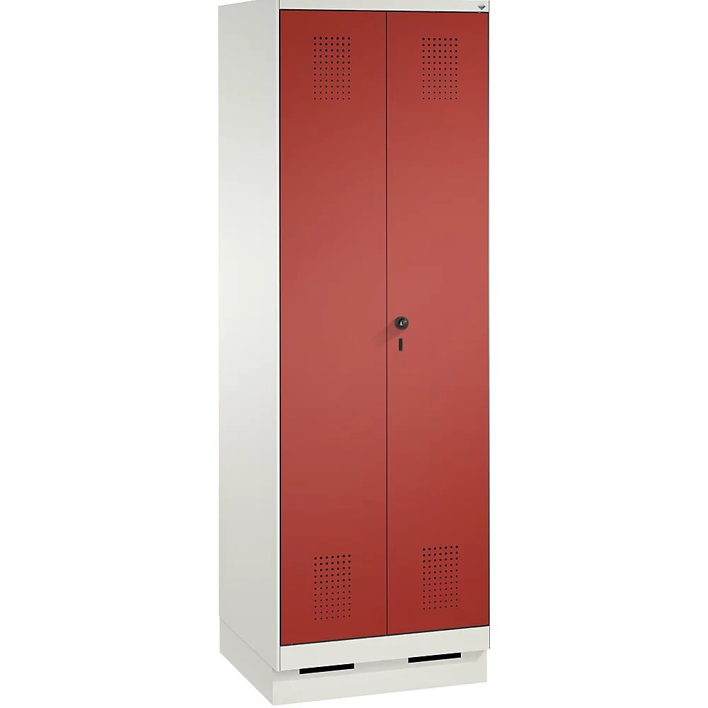 C+P Armario de almacenamiento EVOLO, puertas batientes que cierran al ras entre sí, con zócalo, 2 compartimentos, anchura de compartimento 300 mm, con 8 baldas, blanco tráfico / rojo vivo