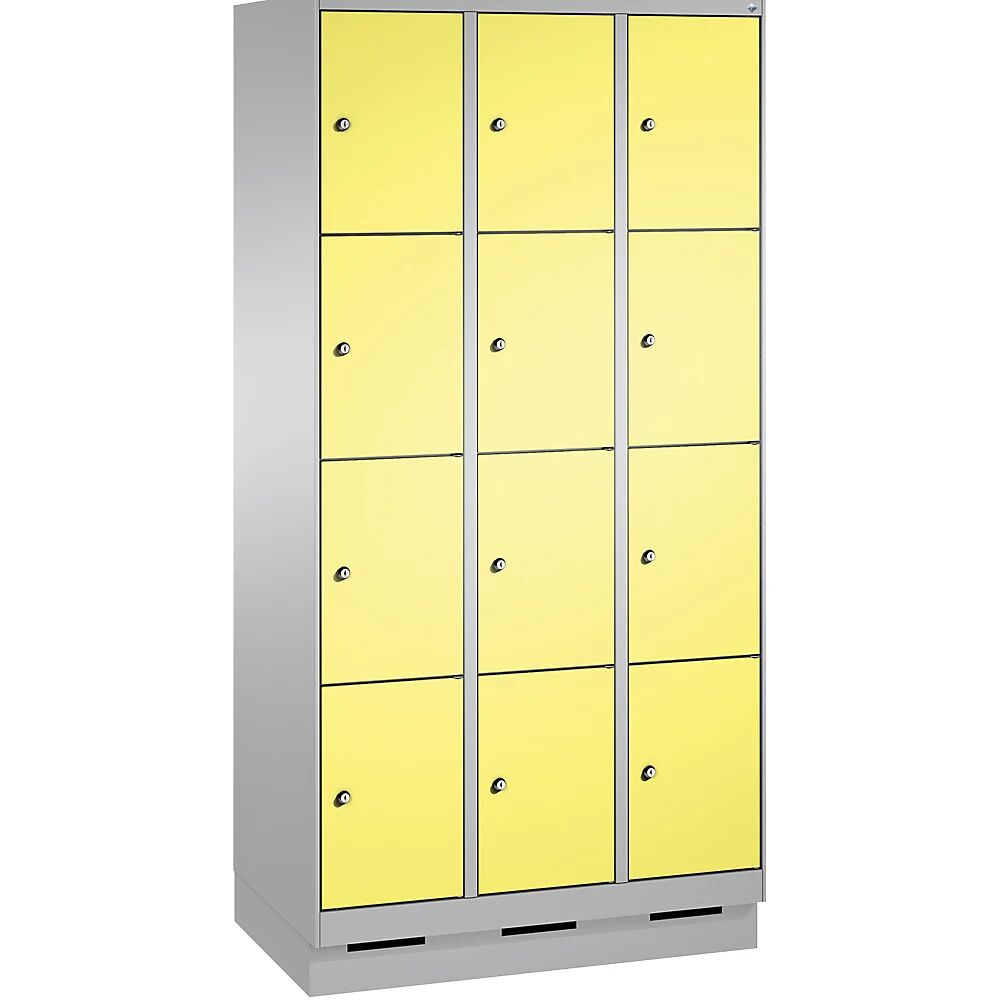 C+P Armario de compartimentos EVOLO, con zócalo, 3 módulos, cada uno con 4 compartimentos, anchura de módulo 300 mm, aluminio blanco / amarillo azufre