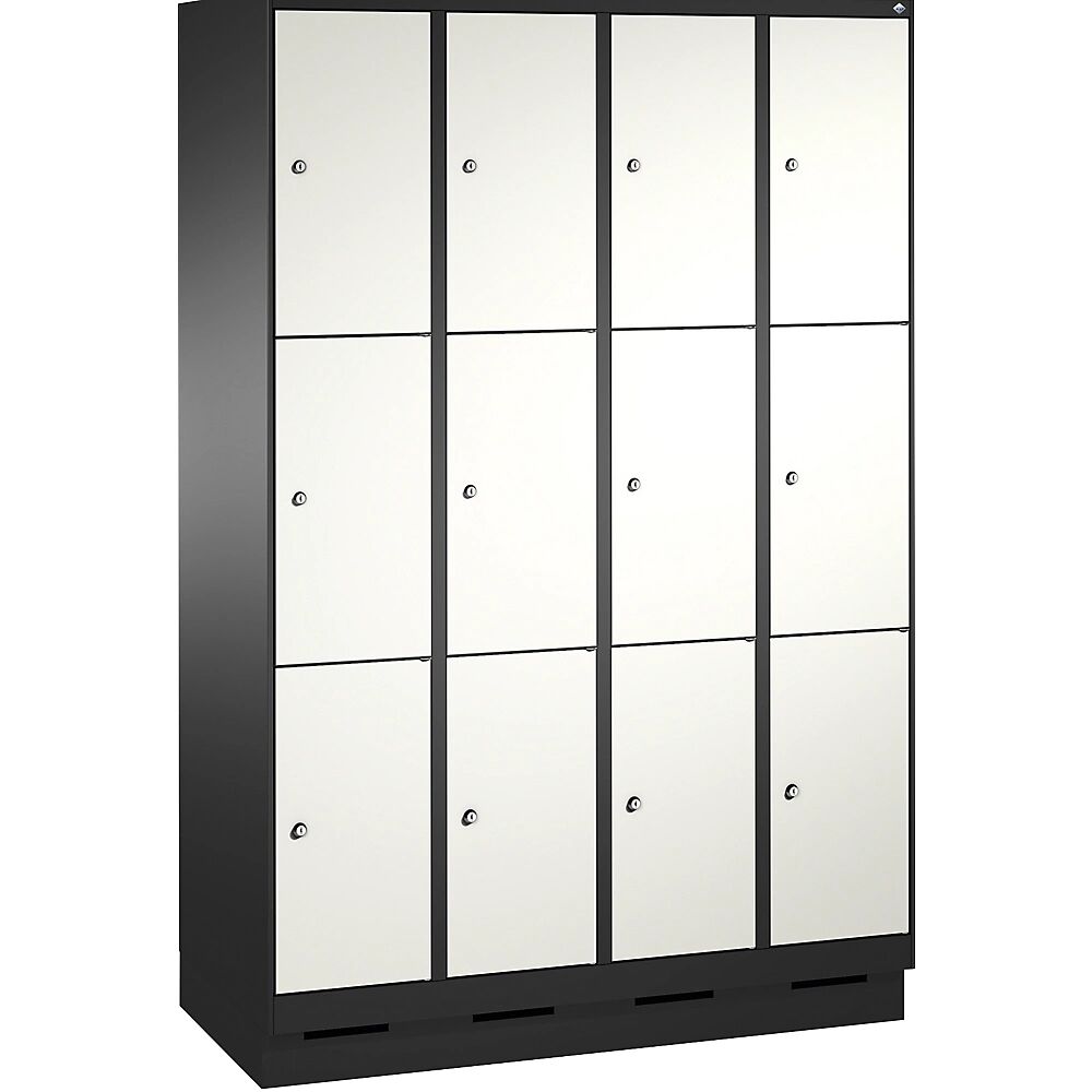 C+P Armario de compartimentos EVOLO, con zócalo, 4 módulos, cada uno con 3 compartimentos, anchura de módulo 300 mm, gris negruzco / blanco tráfico