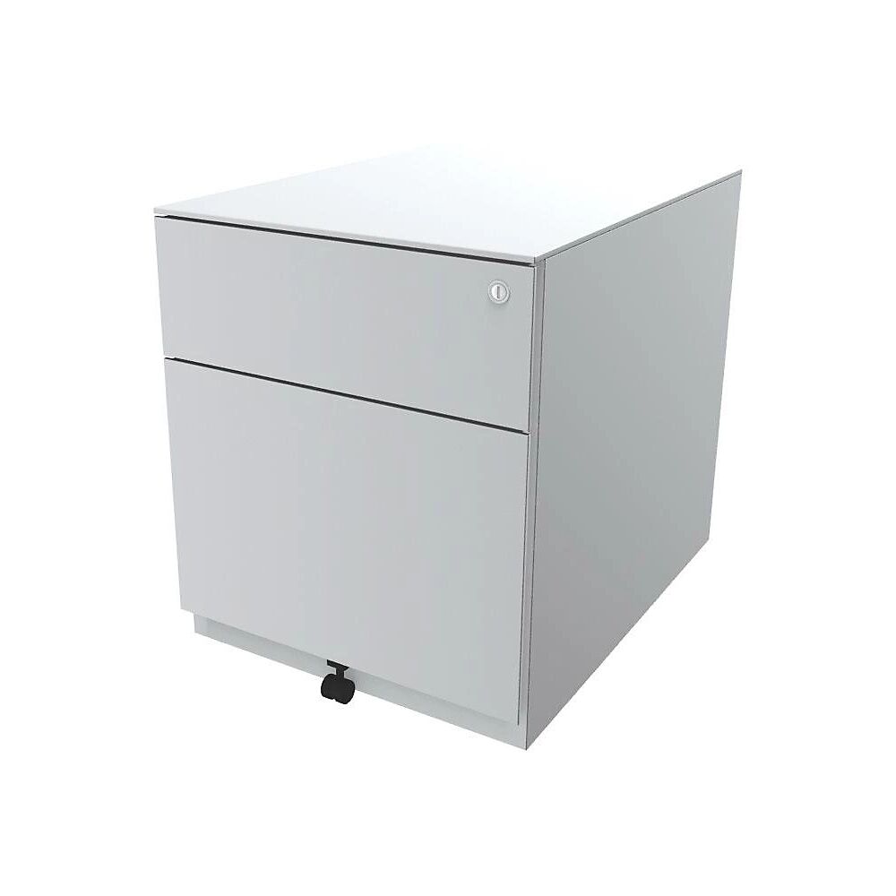 BISLEY Buck rodante Note™ con 1 archivador colgante y 1 cajón universal, H x A x P 502 x 420 x 565 mm, con tirador y cubierta, blanco tráfico