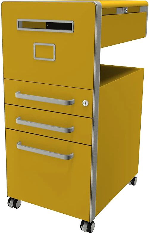 BISLEY Mueble auxiliar Bite™, con 1 tablón para chinchetas, apertura a la izquierda, con 2 cajones universales y 1 cajón para archivadores colgantes, amarillo